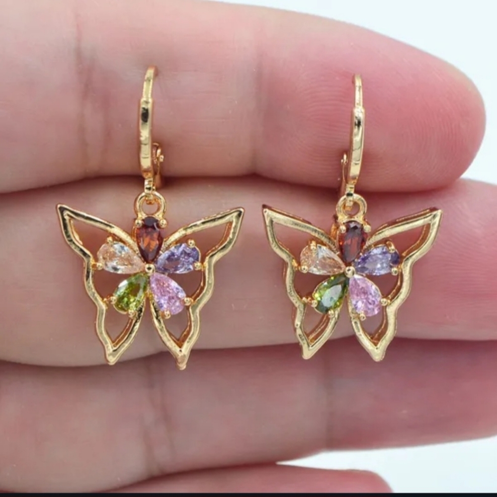 NWT Beautiful Boho Tiny Gold Butterfly Sparkly Earrings W Multi Colored Crystals